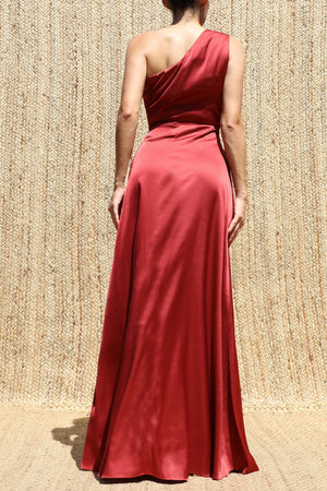 DD8579, One Shoulder Satin Maxi Dress