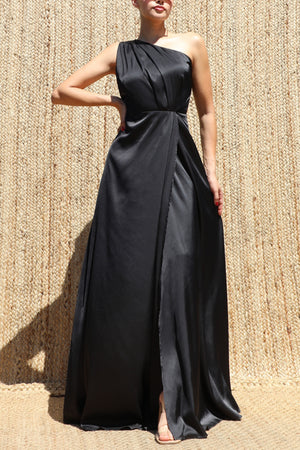 DD8579, One Shoulder Satin Maxi Dress