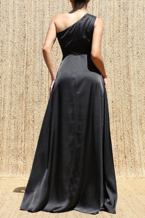 DD8579, One Shoulder Satin Maxi Dress