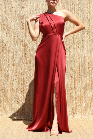 DD8579, One Shoulder Satin Maxi Dress