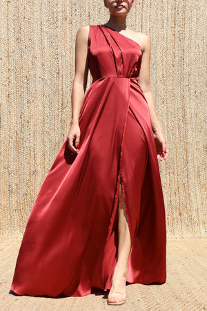 DD8579, One Shoulder Satin Maxi Dress