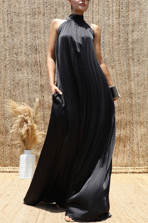 DD8636, Pleated Halter Neck Satin Maxi Dress