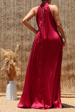 DD8636, Pleated Halter Neck Satin Maxi Dress