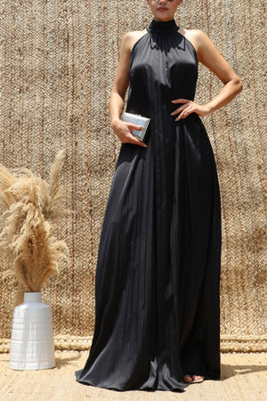 DD8636, Pleated Halter Neck Satin Maxi Dress