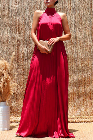 DD8737, Pleated Halter Neck Satin Maxi Dress