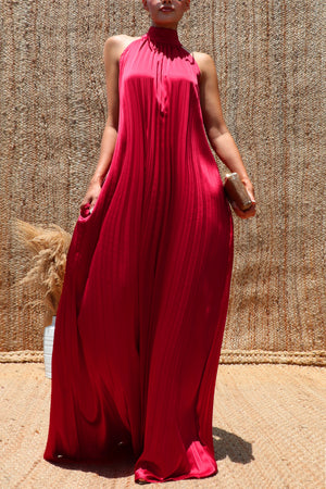 DD8737, Pleated Halter Neck Satin Maxi Dress