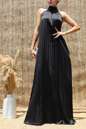 DD8636, Pleated Halter Neck Satin Maxi Dress
