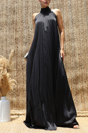 DD8636, Pleated Halter Neck Satin Maxi Dress