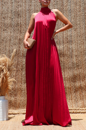 DD8737, Pleated Halter Neck Satin Maxi Dress
