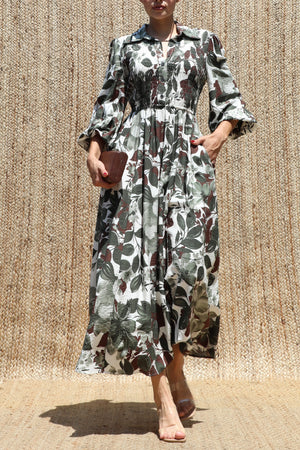 DD7783, Printed Smocked Top Midi Dress