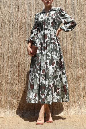 DD7783, Printed Smocked Top Midi Dress