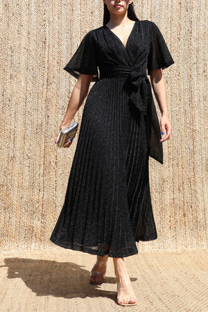 DD8556, Lurex V Neck Pleated Midi Dress