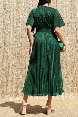 DD8556, Lurex V Neck Pleated Midi Dress