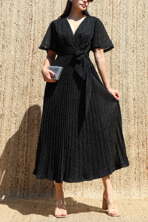 DD8556, Lurex V Neck Pleated Midi Dress