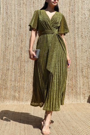 DD8556, Lurex V Neck Pleated Midi Dress