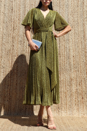 DD8556, Lurex V Neck Pleated Midi Dress