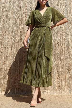 DD8556, Lurex V Neck Pleated Midi Dress