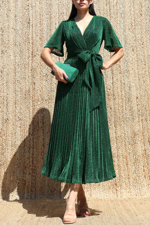 DD8556, Lurex V Neck Pleated Midi Dress