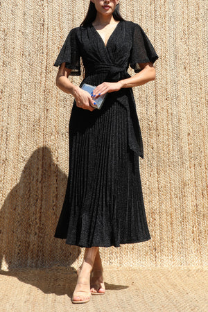 DD8556, Lurex V Neck Pleated Midi Dress