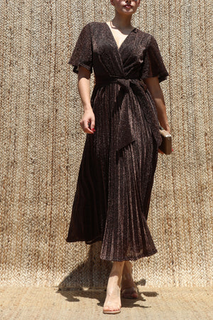 DD8556, Lurex V Neck Pleated Midi Dress