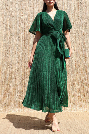 DD8556, Lurex V Neck Pleated Midi Dress