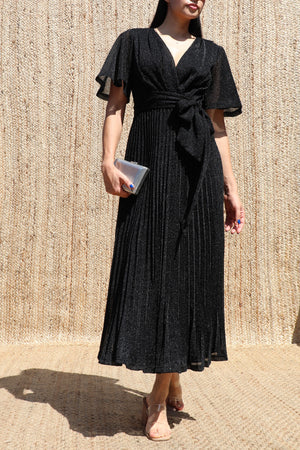DD8556, Lurex V Neck Pleated Midi Dress