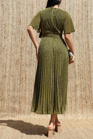 DD8556, Lurex V Neck Pleated Midi Dress