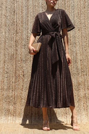 DD8556, Lurex V Neck Pleated Midi Dress