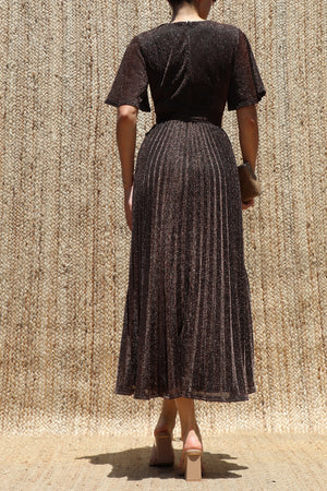 DD8556, Lurex V Neck Pleated Midi Dress
