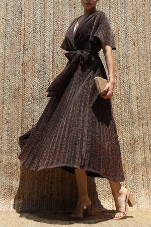 DD8556, Lurex V Neck Pleated Midi Dress