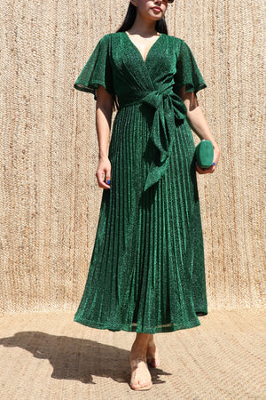 DD8556, Lurex V Neck Pleated Midi Dress