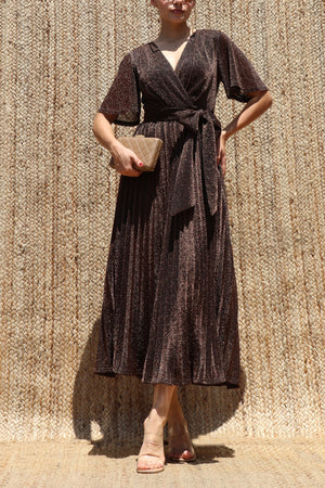 DD8556, Lurex V Neck Pleated Midi Dress