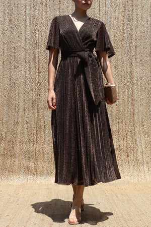 DD8556, Lurex V Neck Pleated Midi Dress