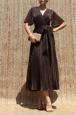 DD8556, Lurex V Neck Pleated Midi Dress