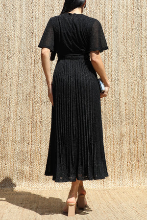 DD8556, Lurex V Neck Pleated Midi Dress