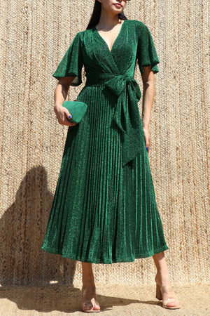 DD8556, Lurex V Neck Pleated Midi Dress