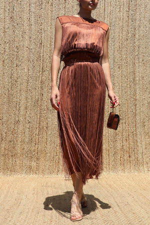 DD8617, Fringe Satin Midi Dress