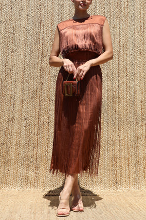 DD8617, Fringe Satin Midi Dress