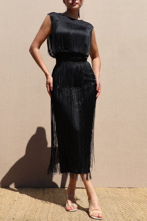DD8617, Fringe Satin Midi Dress