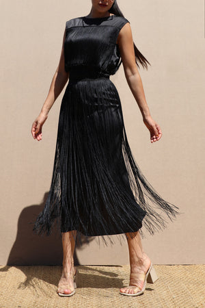 DD8617, Fringe Satin Midi Dress