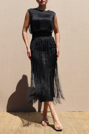 DD8617, Fringe Satin Midi Dress