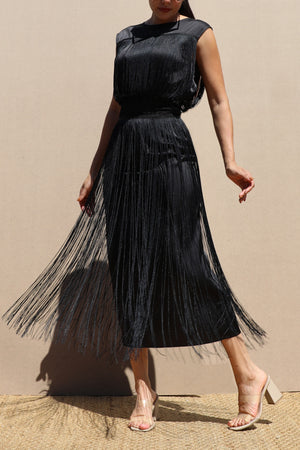 DD8617, Fringe Satin Midi Dress