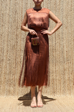 DD8617, Fringe Satin Midi Dress