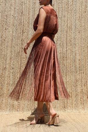 DD8617, Fringe Satin Midi Dress