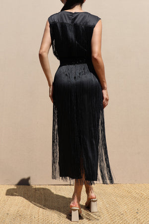 DD8617, Fringe Satin Midi Dress