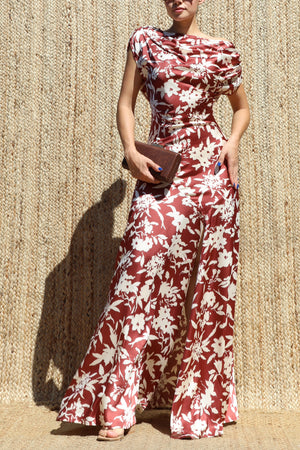DD8589, Draped Neck Satin Maxi Dress