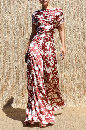 DD8589, Draped Neck Satin Maxi Dress