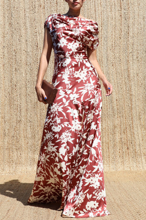 DD8589, Draped Neck Satin Maxi Dress
