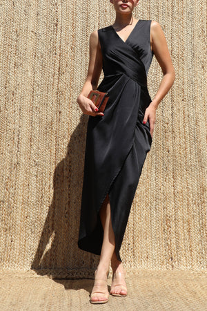 DD8612, V Neck Satin Midi Dress
