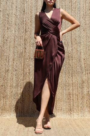 DD8612, V Neck Satin Midi Dress